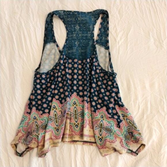 BOHEMIAN Summer Top Sz Large BLUE Racer Back with LACE BACK  EXOTIC BOHO PATTERN - Picture 5 of 14